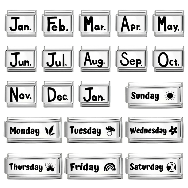 أزياء النقش بالليزر من يناير إلى ديسمبر من الاثنين إلى الأحد وصلات سحر إيطالية تناسب سوار من الفولاذ المقاوم للصدأ مقاس 9 مم يمكنك صنعها بنفسك #2