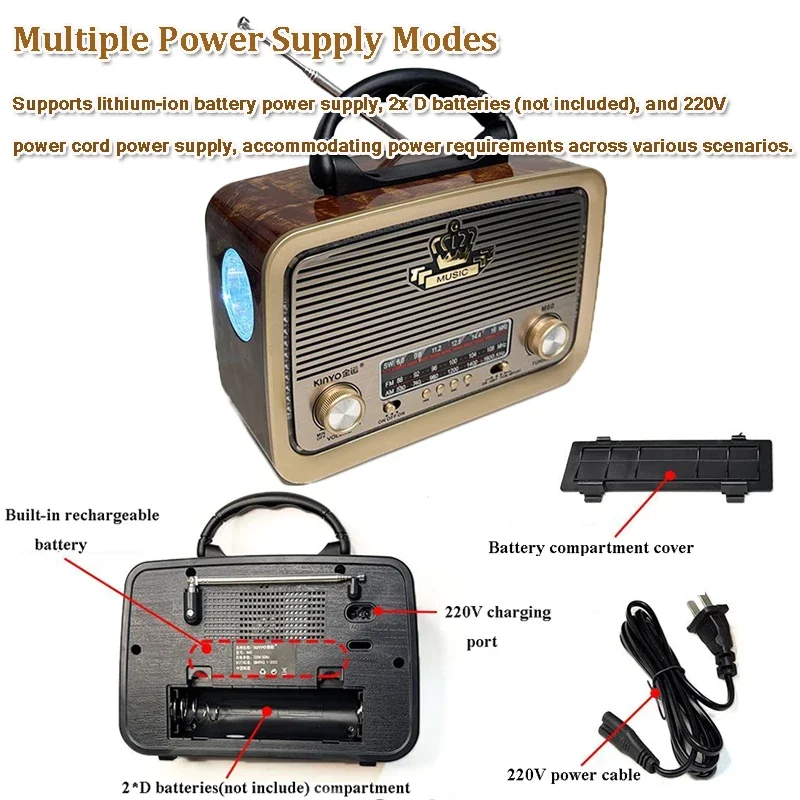 Портативный классический винтажный радиоприемник FM AM SW радиоприемник беспроводной Bluetooth динамик перезаряжаемый/220 В переменного тока светодиодный фонарик