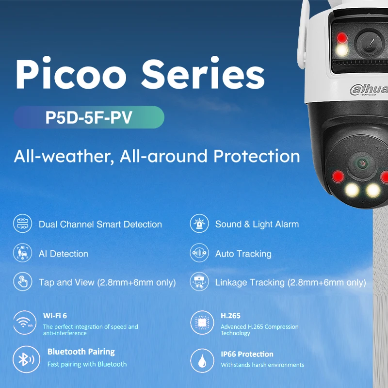 Dahua Outdoor Home Wifi PT Camera 5+5MP Dual-Lens AI Human & Vehicle Detection Auto Tracking Full Color Two-way Talk P5D-5F-PV