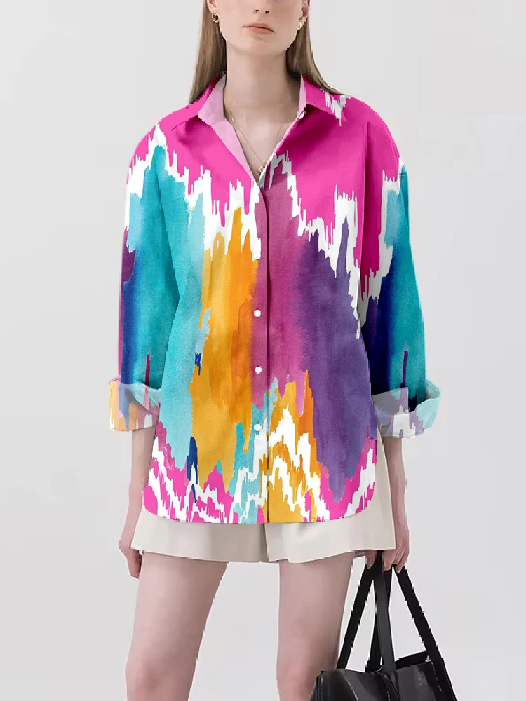 Women's Shirt Jacket Tie-Dye Painting Style Flip Collar Long Sleeve Shirt Casual Trendy Shirt Tops Suitable For All Occasions