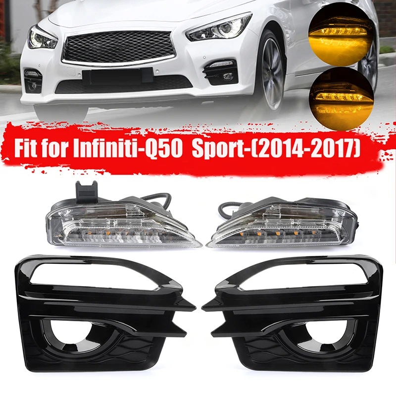 

2pcs Front Bumper Fog Light Frame Grille Cover+Fog Lamp Daytime Running Turn Signal Lamp Fit For Infiniti Q50 Sport 2014-2019