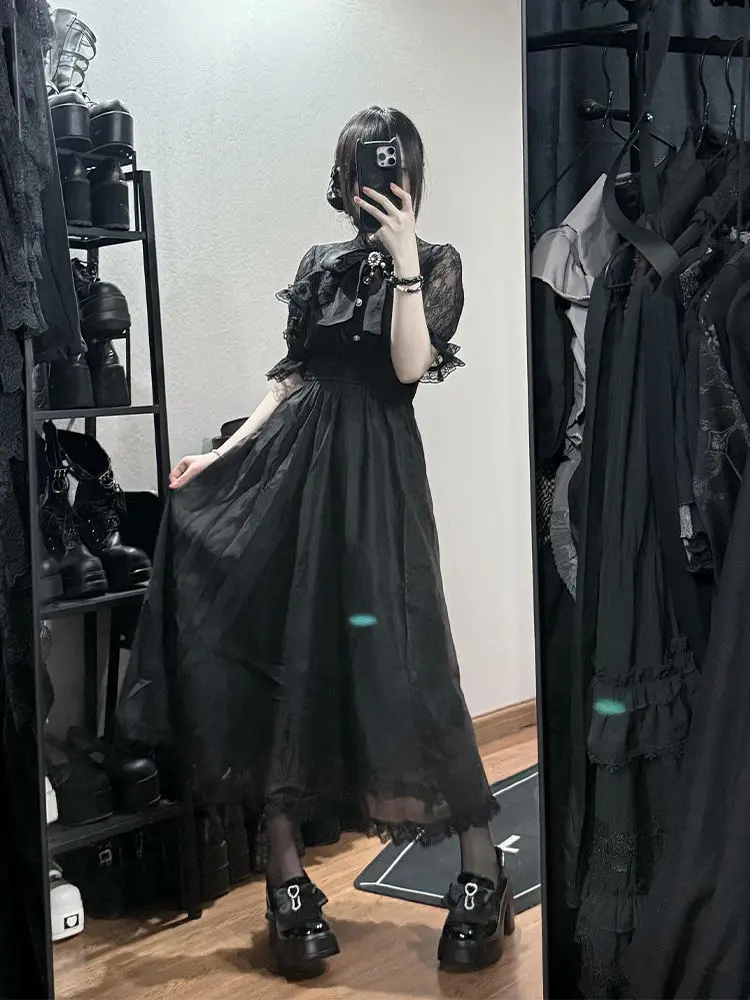 ゴシックヴィンテージY2K和風ワンピース レディース服 蝶ネクタイ レース ロリータファッション ショート丈パーティードレス スリム エレガント ミディ丈ワンピース 新作