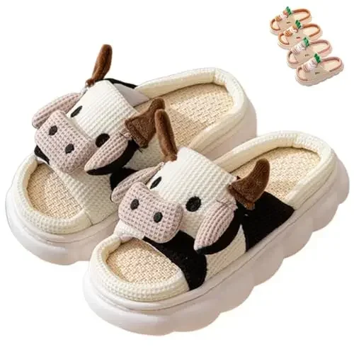 Pantofole da mucca per bambini in lino di cotone per tutte le stagioni sandali da cartone animato carino pantofole per animali scarpe da casa per