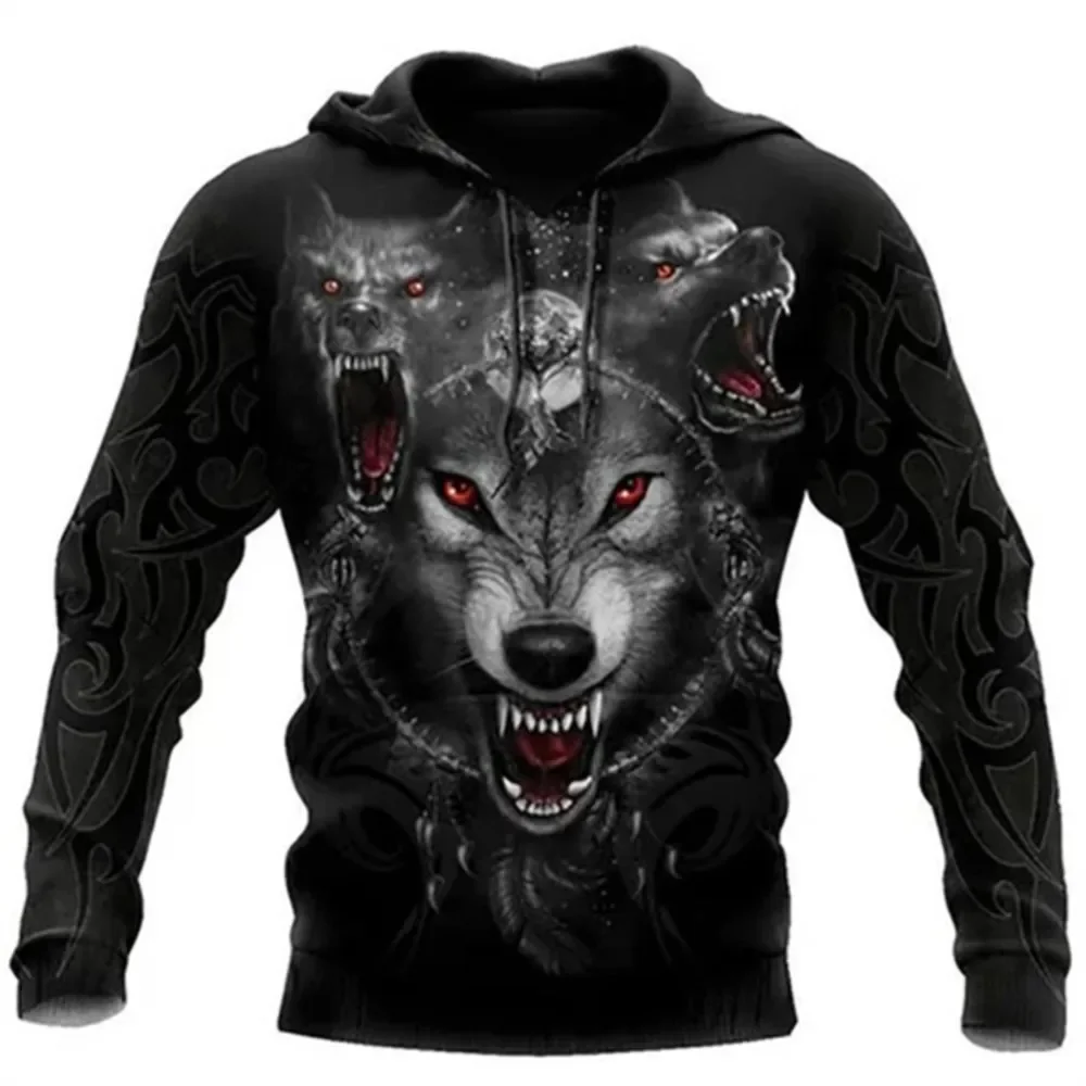 Men's 3D Wolf-Print Hoodie – Outdoor Streetwear, Hip-Hop, Y2K Style – Casual Pullover – Autumn/Winter Fashion Essential