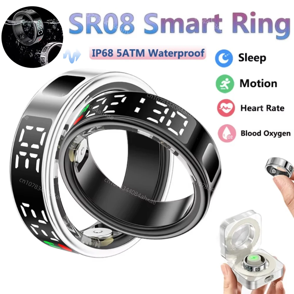 

NEW SR08 Smart Ring LED Display Screen Heart Rate Blood Oxygen Sleep Health Monitoring Multi Sports Modes IP68 5ATM Waterproof