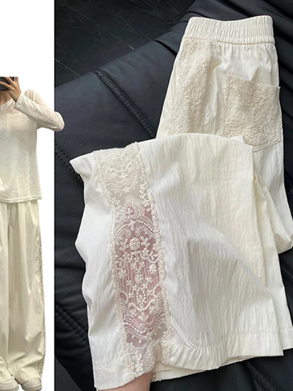 

American High Street Lace Hollow out Women's Summer Design Unique Wide Leg Pants Slimming Effect Casual High Waist Straight Cut