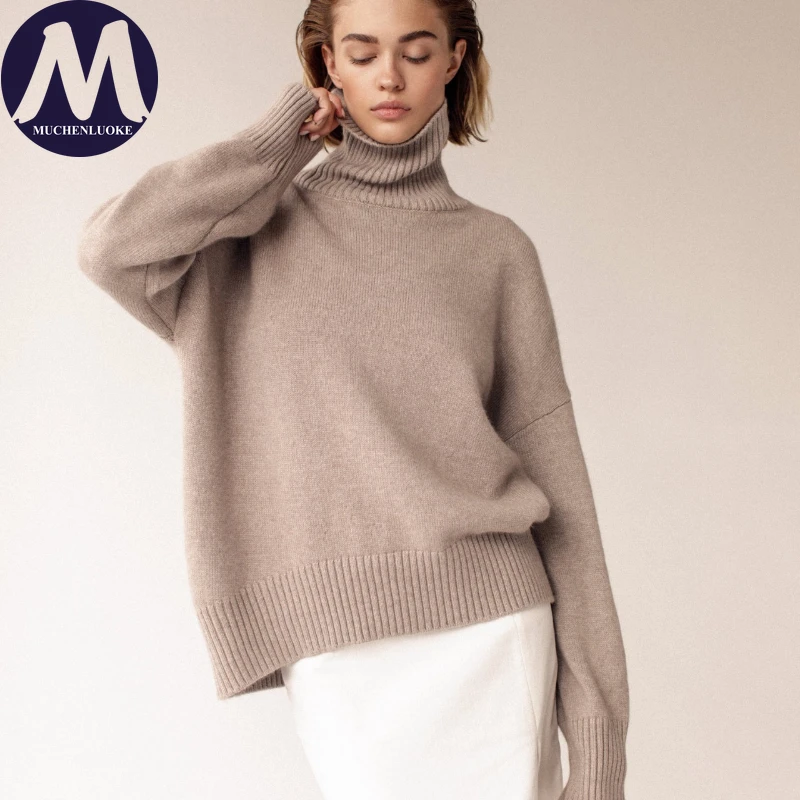 

Свитер для женщин, осенне-зимний элегантный вязаный утепленный свитер с высоким воротом, модный повседневный свободный свитер, пуловеры