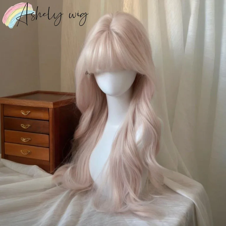 

Розовый парик для женщин, 24 дюйма, длинные волнистые волосы с челкой, естественный вид, милый парик-повязка в стиле Лолита для косплея, парик для женщин