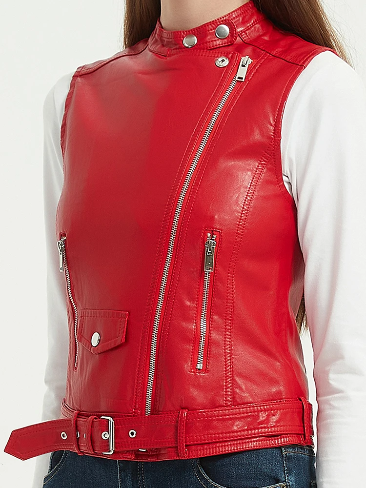 Gilet en cuir PU pour femmes, gilet de moto, solide, printemps automne, nouveau, haute qualité, sans manches, fermeture éclair, rouge, 5XL, 2022