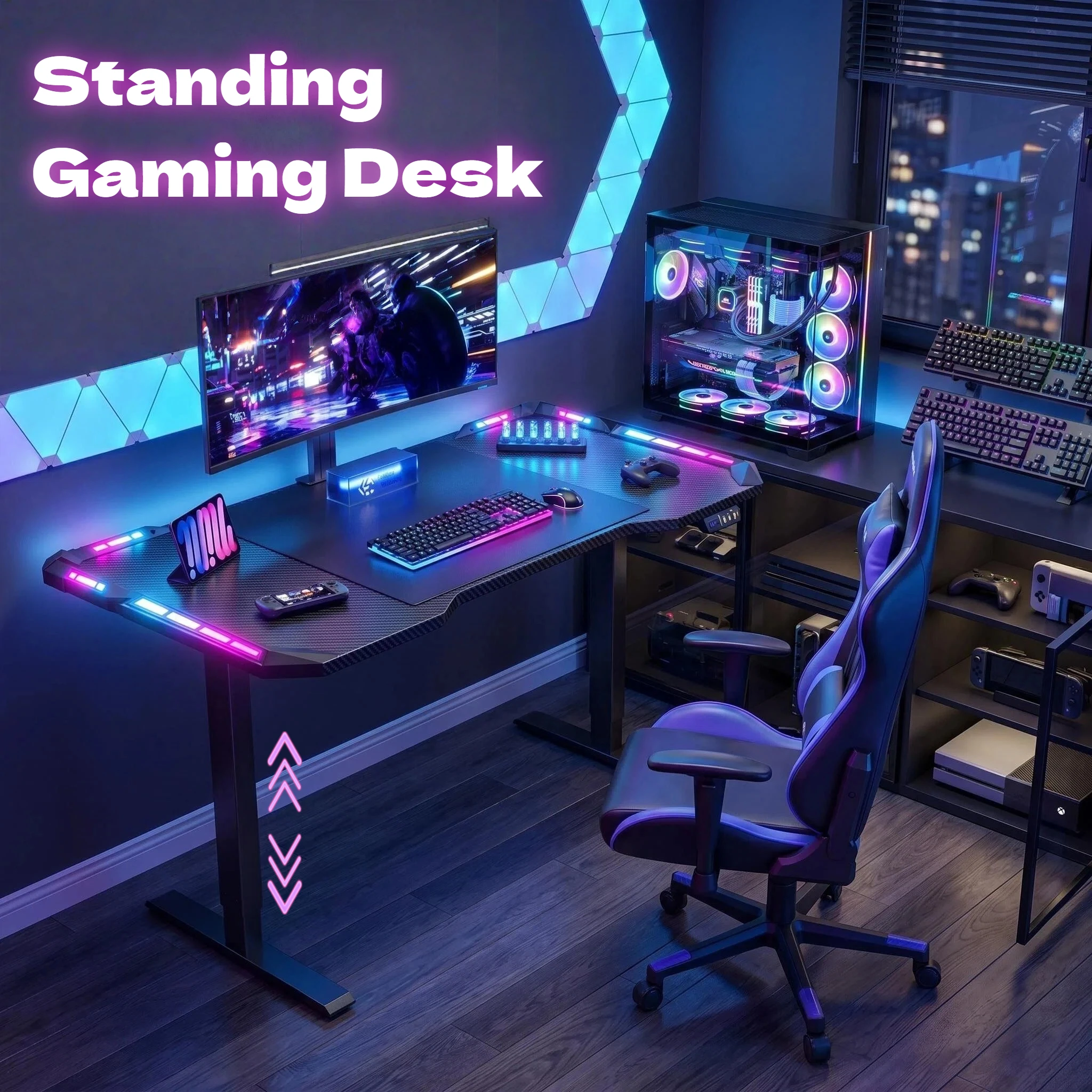NEBMAAX Electric Height Adjustable Gaming Desk With RGB LED Strip Lights, Built-In Cup Holder Headset Hook Ergonomic Computer Game Table with Carbon Fiber Surface, 2 Memory Positions and 3 Sizes