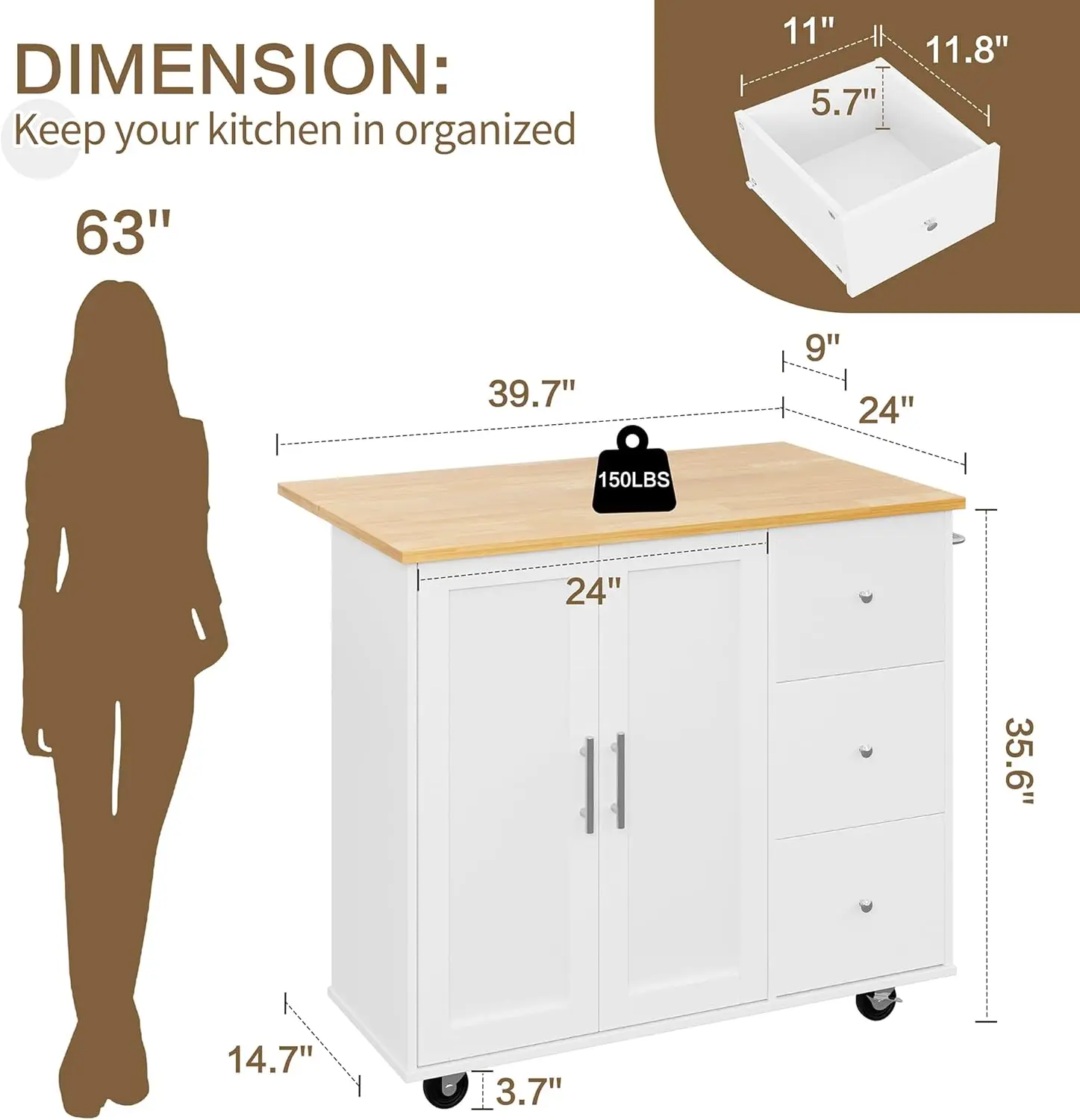 Stylish White, 39.7-INCH,Kitchen Island on Wheels with Storage Cabinet & Foldable Drop Leaf, Rolling Kitchen Table, Cart Handle