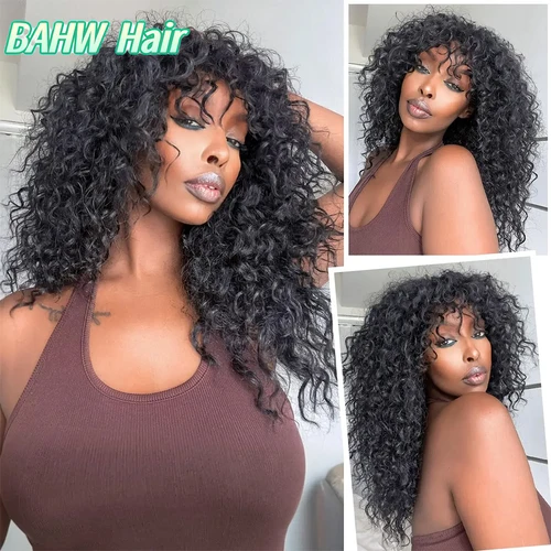 Imagen 1 del producto Pelucas de cabello humano rizado de pelo brasileño con flequillo, hechas a máquina, peluca con flecos rizados de agua de 8-30 pulgadas, cabello Remy de Color natural