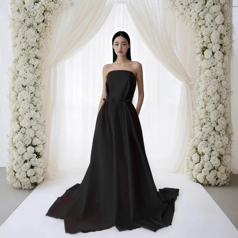 

French Style Light Wedding Dress Satin Strapless Simple Niche High-End Studio Theme Photo Reception Exit Gown with Train