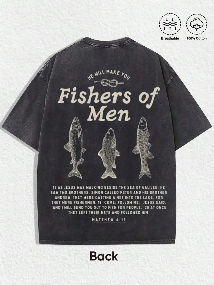 

Christian Fishers Of Men Graphic Tee Dark Washed Cotton Short Sleeve Round Neck Casual T-Shirt