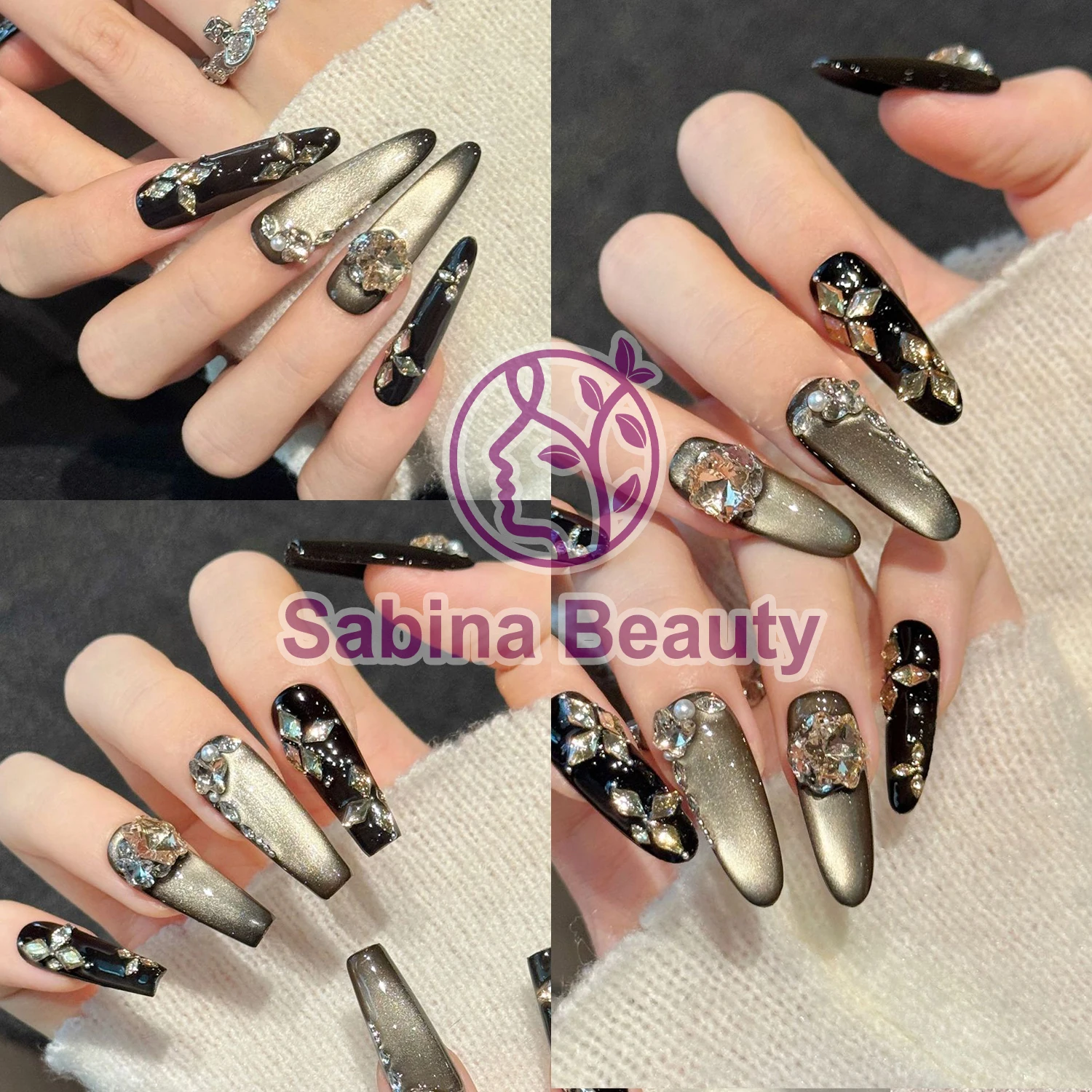 

YH001-48 Handmade Press on Nail 10pcs Vintage Glamorous Maillard Flashing Shattered Diamond Cat Eye fake nail patch