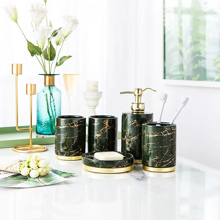 

Green Marbling Bathroom Set Ceramics Supplies Mouth Cup Lotion Bottle Toothbrush Holder Soap Dish 5-piece