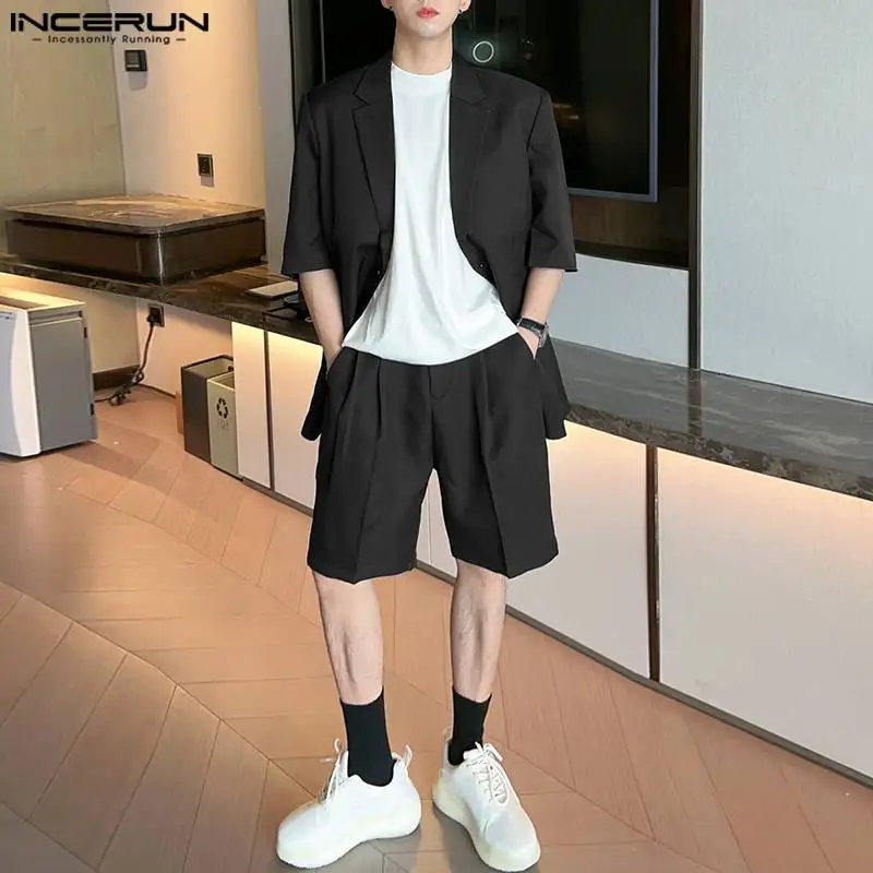 INCERUN 2024 Korean Style New Men Sets Short Sleeved Suit Jackets Shorts Fashionable Simple Solid All-match Two-piece Sets S-5XL