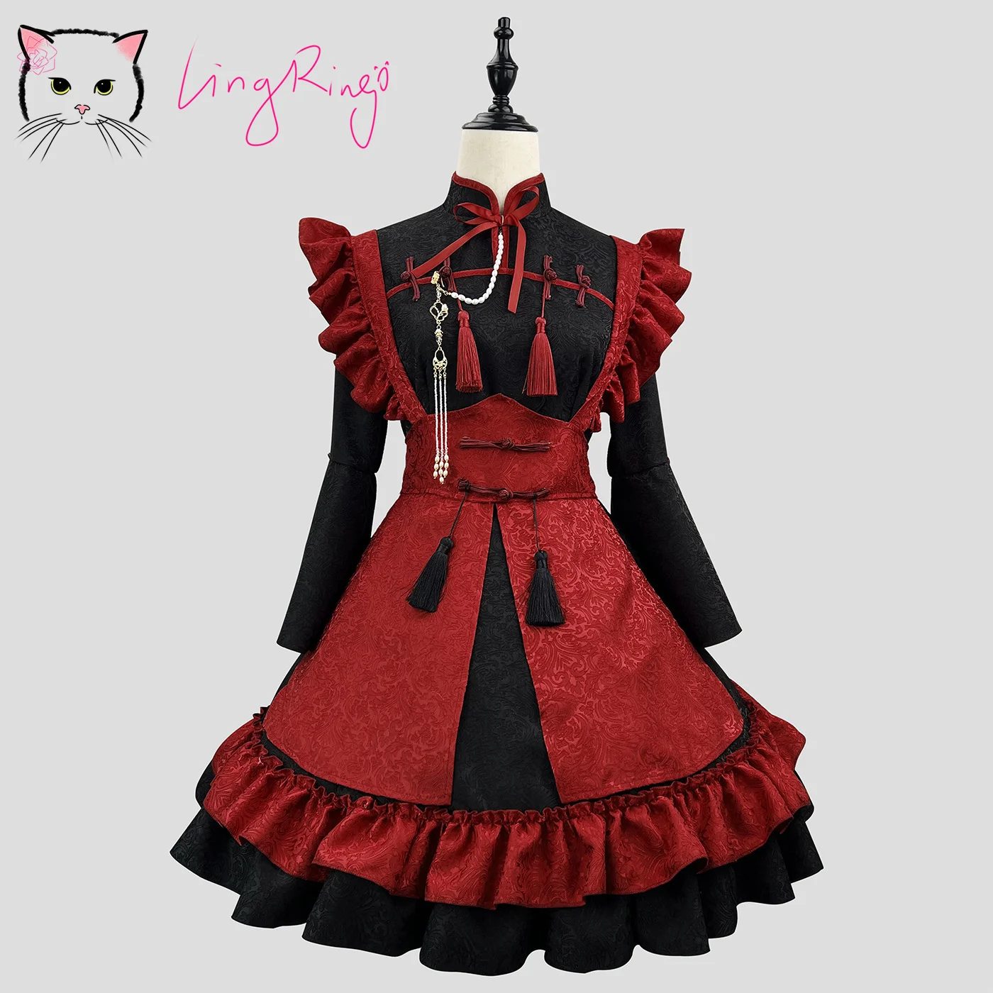 Robe de femme de chambre Lolita avec pompon noir et rouge, style chinois, design jacquard en relief,
