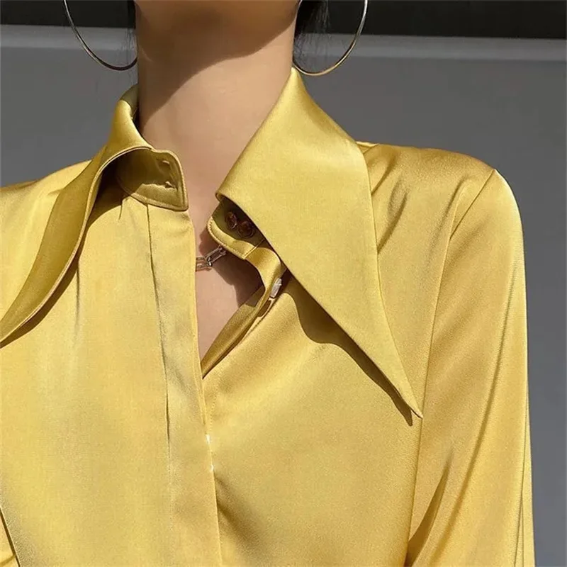 Office Satin Blouses Women Thin Shirts Ol Design Pointed Collar Work Blusas Solid Color Fashion Long Sleeve Spring Tops B185