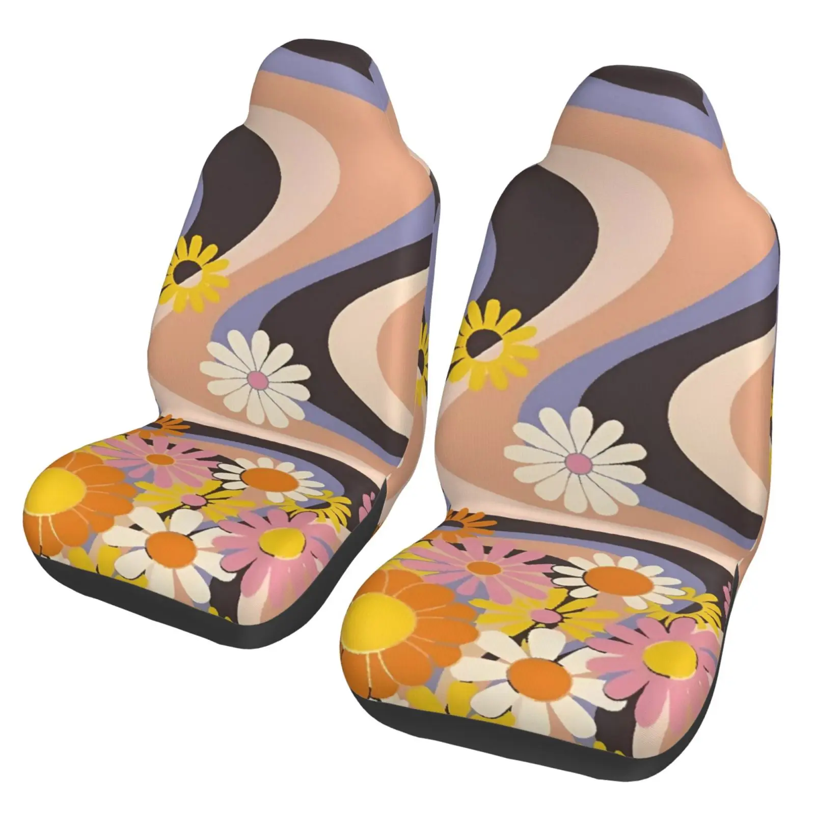 Psychedelic Hippie Flower Vintage Inspired Print Car Seat Cover 2pcs Printing Universal Front Protector Accessories Cushion Set