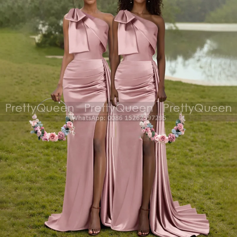 فساتين وصيفة الشرف طويلة بكتف واحد، فتحة عالية، قبعة حورية البحر بدون أكمام، فستان مخصص لحفلات الزفاف #1