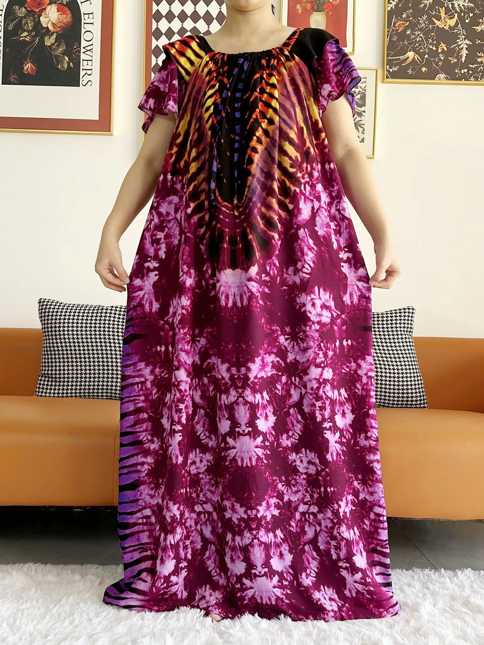 Robe Africaine à Manches Courtes pour Femme, Vêtement Maxi à Col Bateau, Boubou Floral, Taille Libre, Été