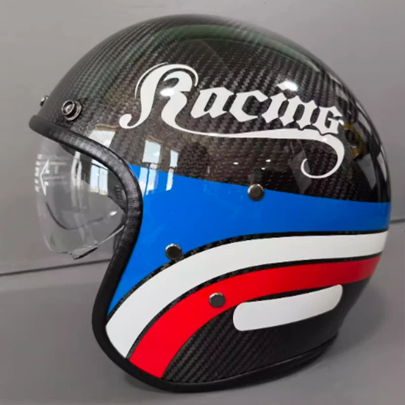 

DOT Professional Grade Blue Stripe Carbon Fiber Motorcycle 3/4 Half Helmet Breathable Mesh Liner Ideal for Motorcycle ATV Riding