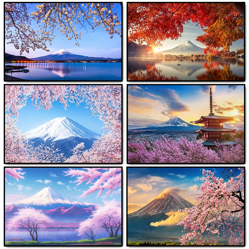 1pc frameless Japanese Travel Fuji Mount Landscape Poster Fuji Mountain Sakura Lake Scenery Wall Art Canvas  Print Picture  D