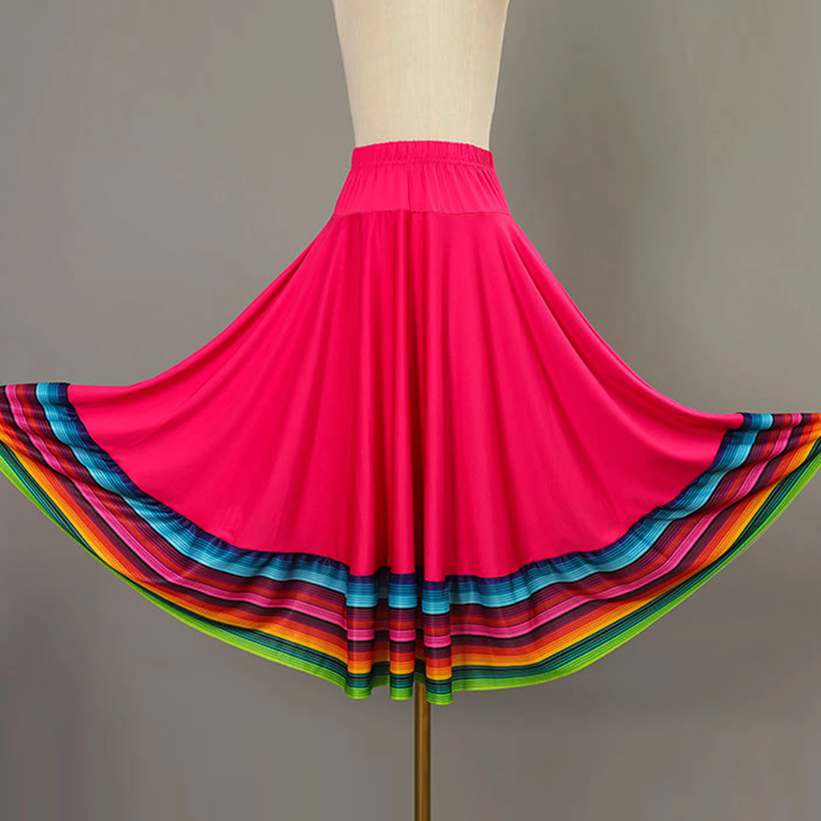 Faldas de baile de salón de Flamenco para mujer, faldas largas de bailarina Gitana, ropa de práctica, dobladillo de rayas coloridas, Falda de baile de grifo Folk