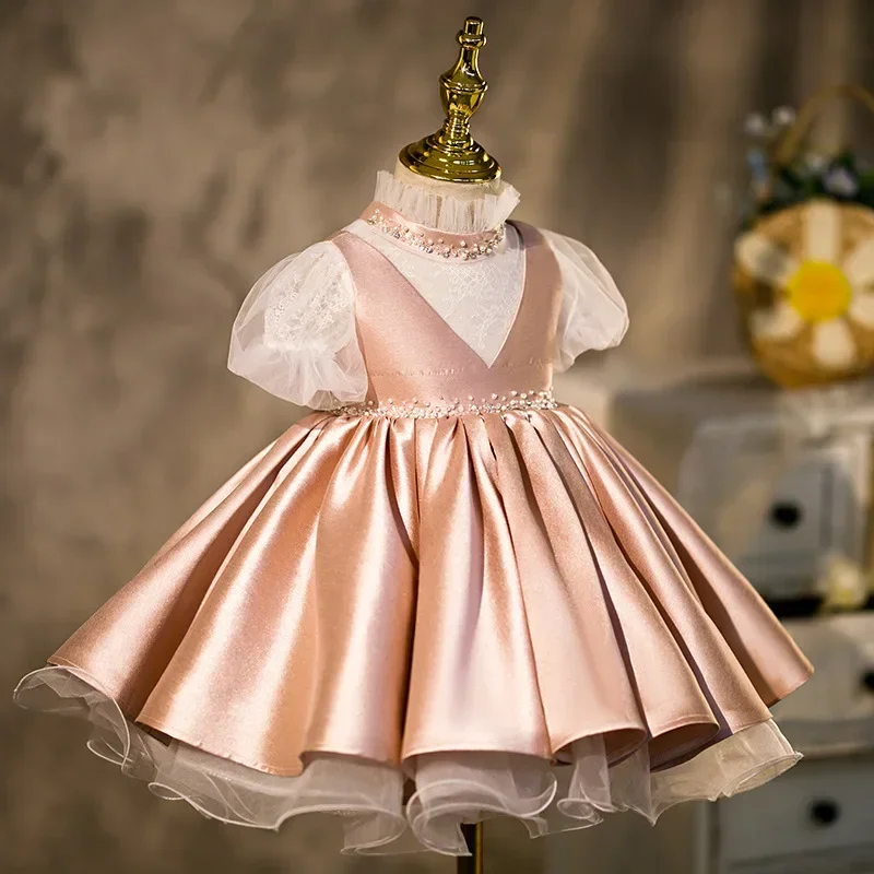 Customized Elegant Kids Junior Bridesmaid Dresses O-Neck Lace Puff Sleeve Beading Flower Girl Dresses 2024 Ball Gown Girl Birthd