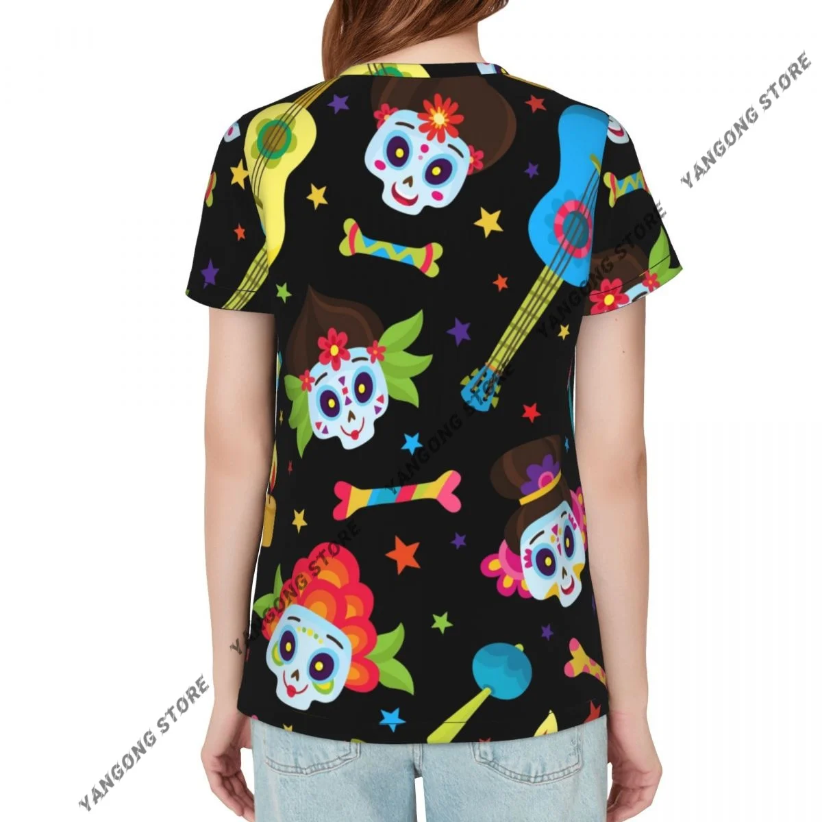 Womens Short Sleeve Sugar Skulls Mexican Day Of The Dead Casual Tee Clothing Crewneck Woman T-Shirts