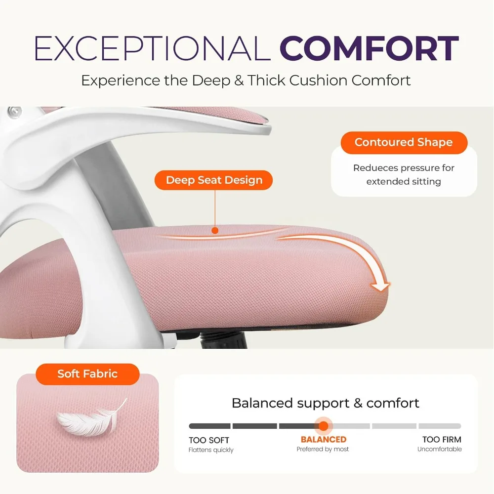 Ergonomic Mesh Office Chair with Lumbar Support, Adjustable Height & Flip-up Arms, Swivel Rolling Wheels, Pink view 4