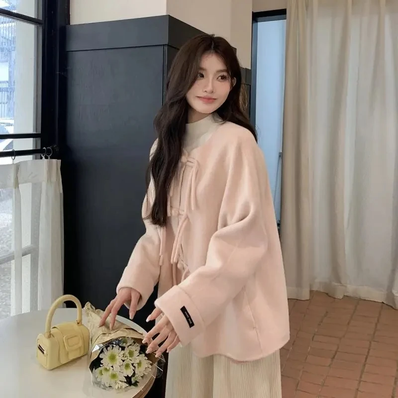 

style Chinese Style Western-style Pink Woolen Coat For Women's 2025 Autumn Winter Temperament Reducing Button Down Woolen Coat