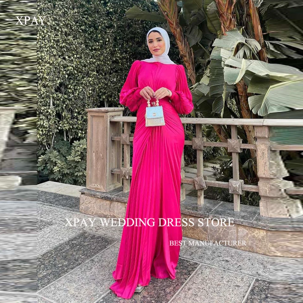 XPAY Modest Fuschia Muslim Arabic Women Evening Dresses Long Sleeves O-Neck Dubai Formal Occasion Party Dress Wedding Guest