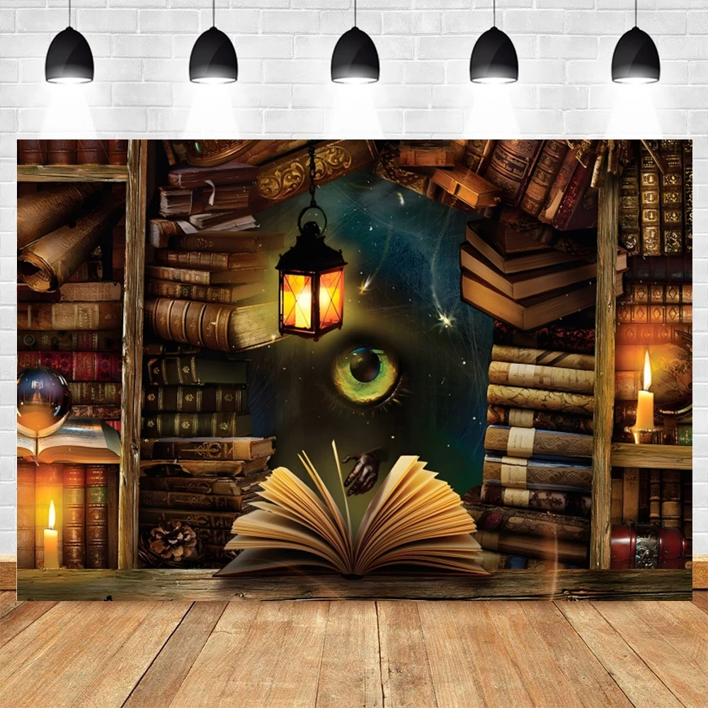 Halloween Retro Library Backdrop Witch Magic Cauldron Bookshelf Spooky Skull Pumpkin Kids Portrait Photography Background Decor