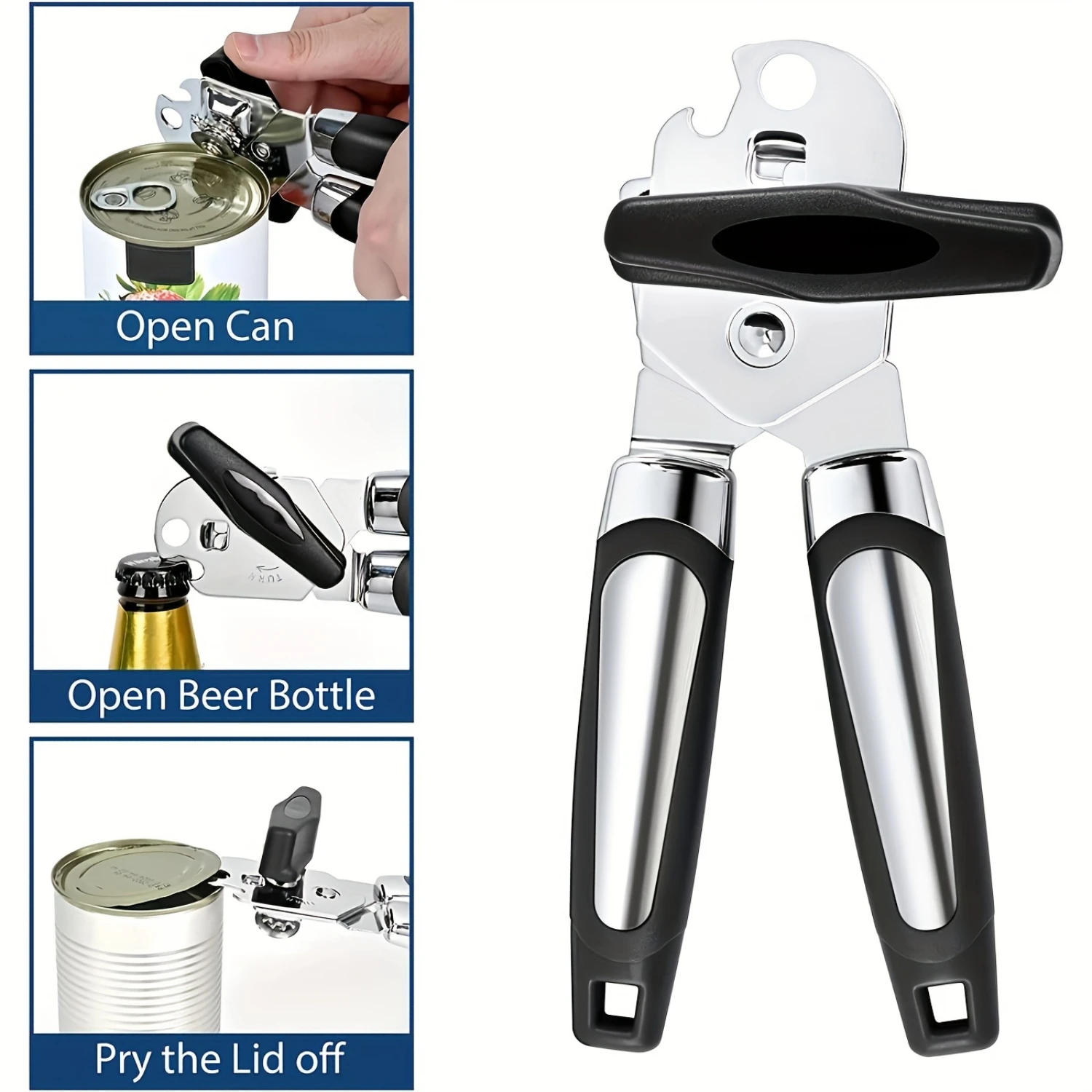 

Heavy-Duty 3-In-1 Can Opener - Stainless Steel, Smooth Edge With Soft Grip Handle, Rust-Proof, Large Lid & Bottle Opener For An