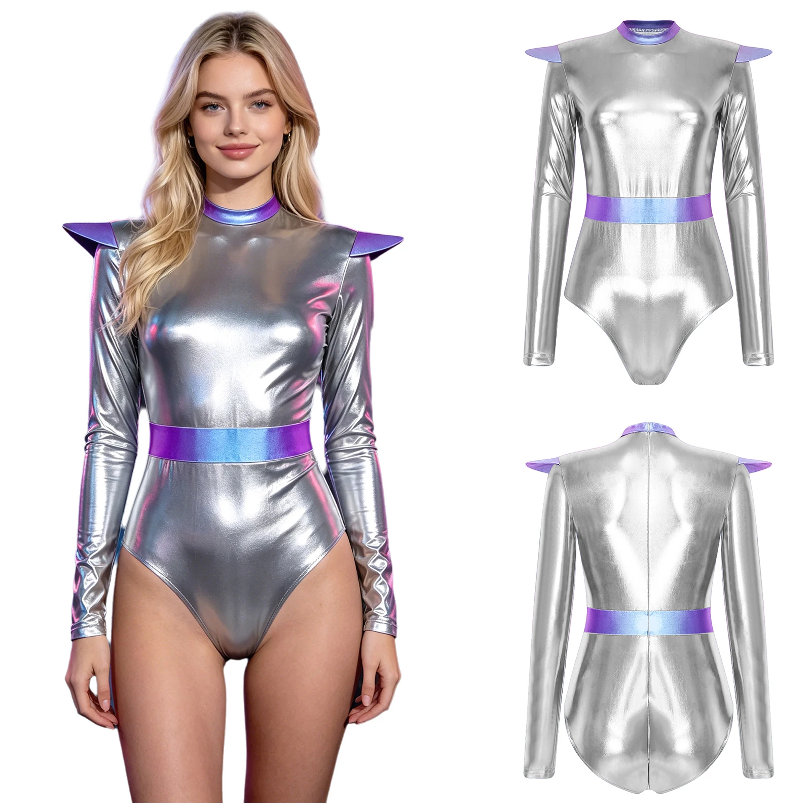 

Womens Alien Cosplay Costume Metallic Bodysuit Long Sleeve Invisible Zipper Back Leotard for Nightclub Rave Dance Performance
