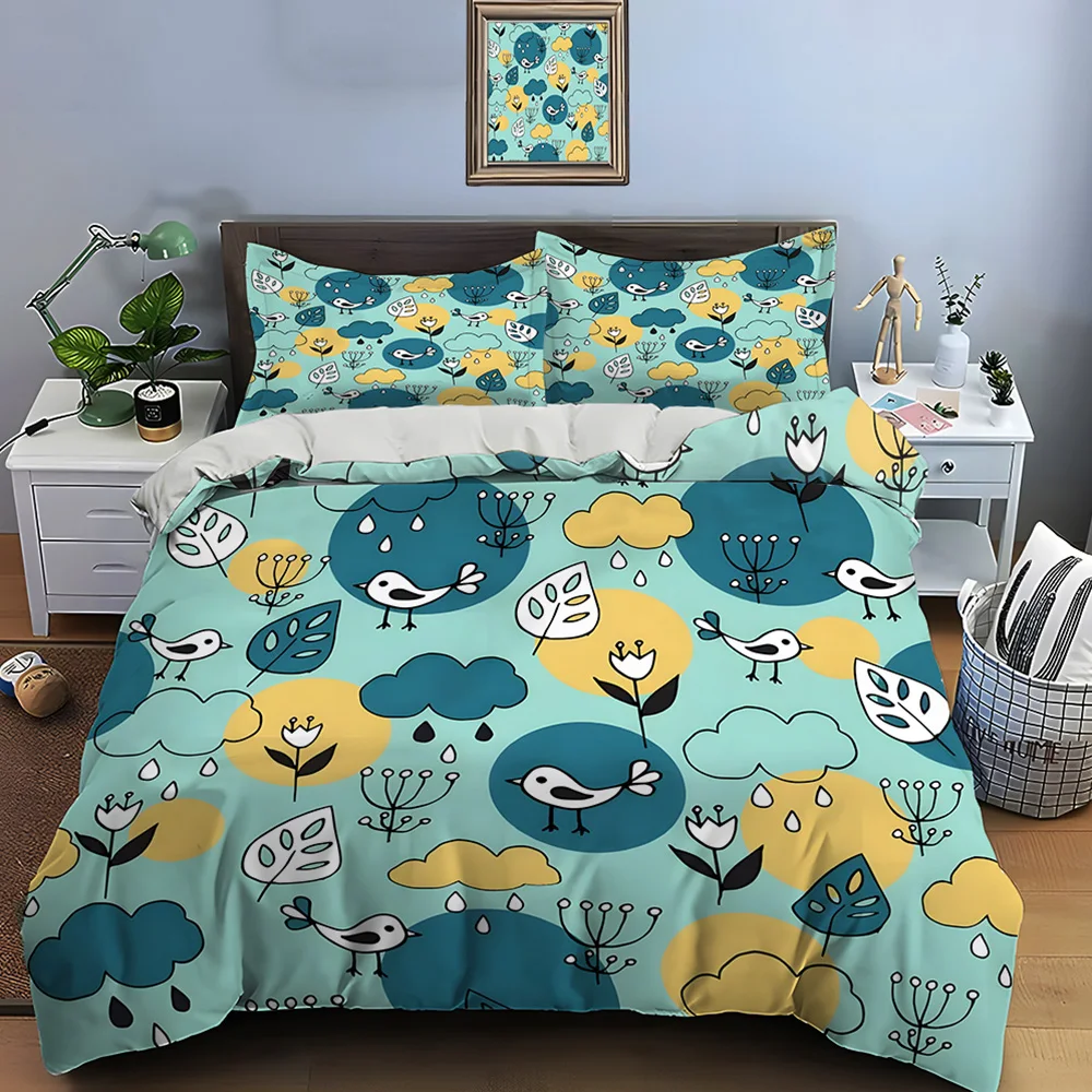 Birds and natural elements Bedding Set for Kids Luxury Gift 3pcs Digital Print Comforter Set Soft Comfortable Breathable