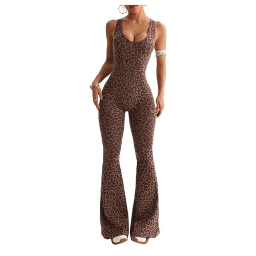 

Verdusa Women's Cheetah Print Workout Sets Yoga Jumpsuit Criss Cross Sleeveless Work Out Clothes Fla Pants Jumpsuits