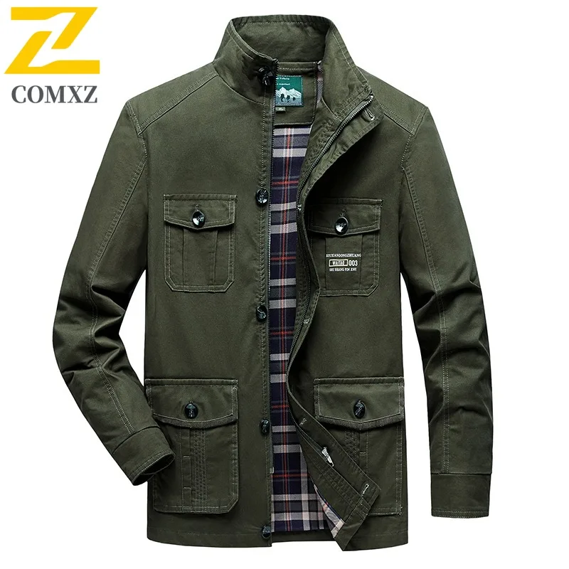 COMXZ Men Windbreaker 2025 New Stand Collar High Quality Outdoor Camping Techwear Tooling Jacket  Autumn Jacket with No Hood