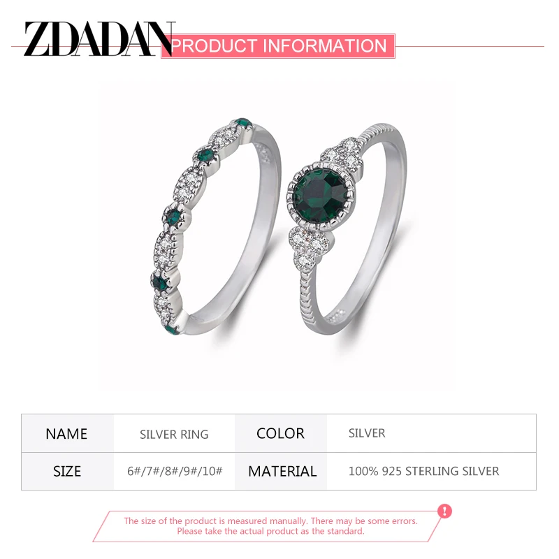 ZDADAN 925 Silver 2pcs Emerald Zircon Rings For Women Fashion Wedding Jewelry