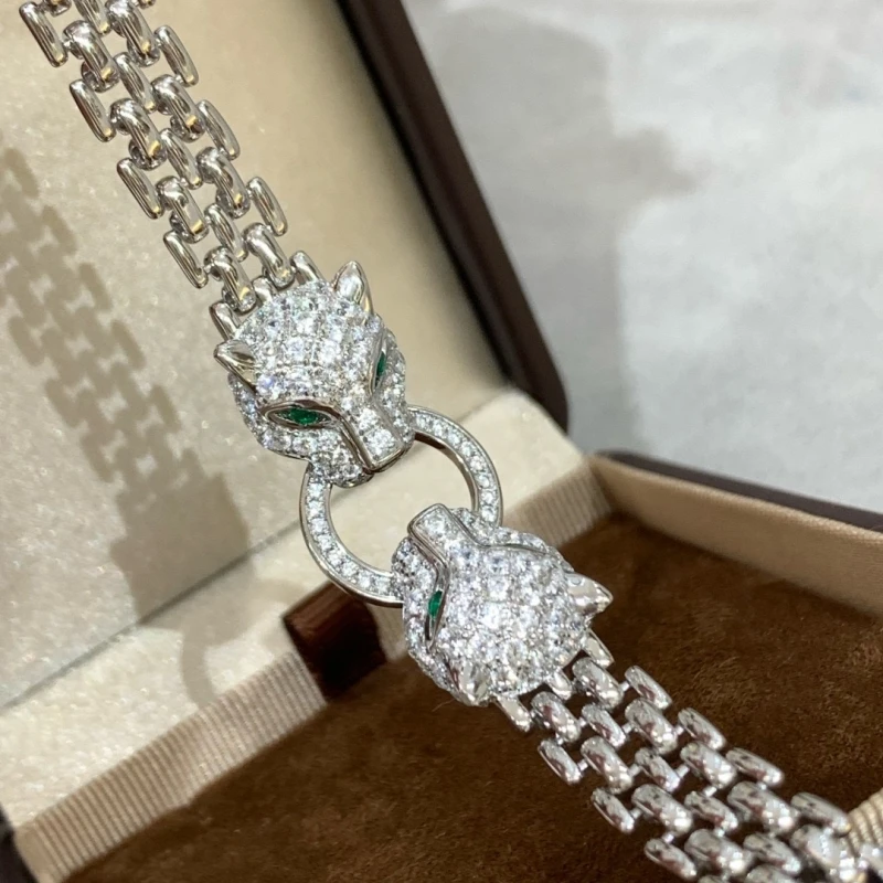 Cameo Full body s925 Silver Craftsmanship 22.1g Full Diamond Double Headed Leopard Bracelet Personality Trendy Jewelry Bracelet