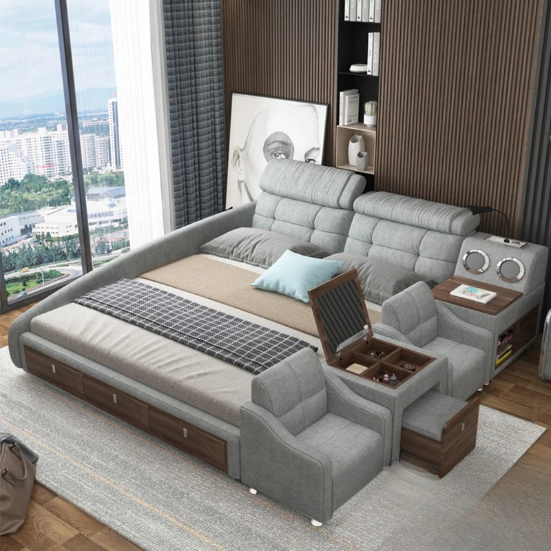 

Double bed, Nordic modern simple bedroom furniture, large and small apartment movable storage fabric