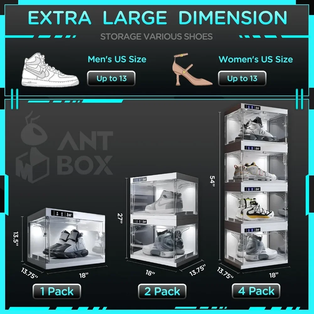 Shoebox Automático com Abertura Plástica Transparente, Sapatos Organizador com LED, Controle Inteligente, Pode ser Empilhado