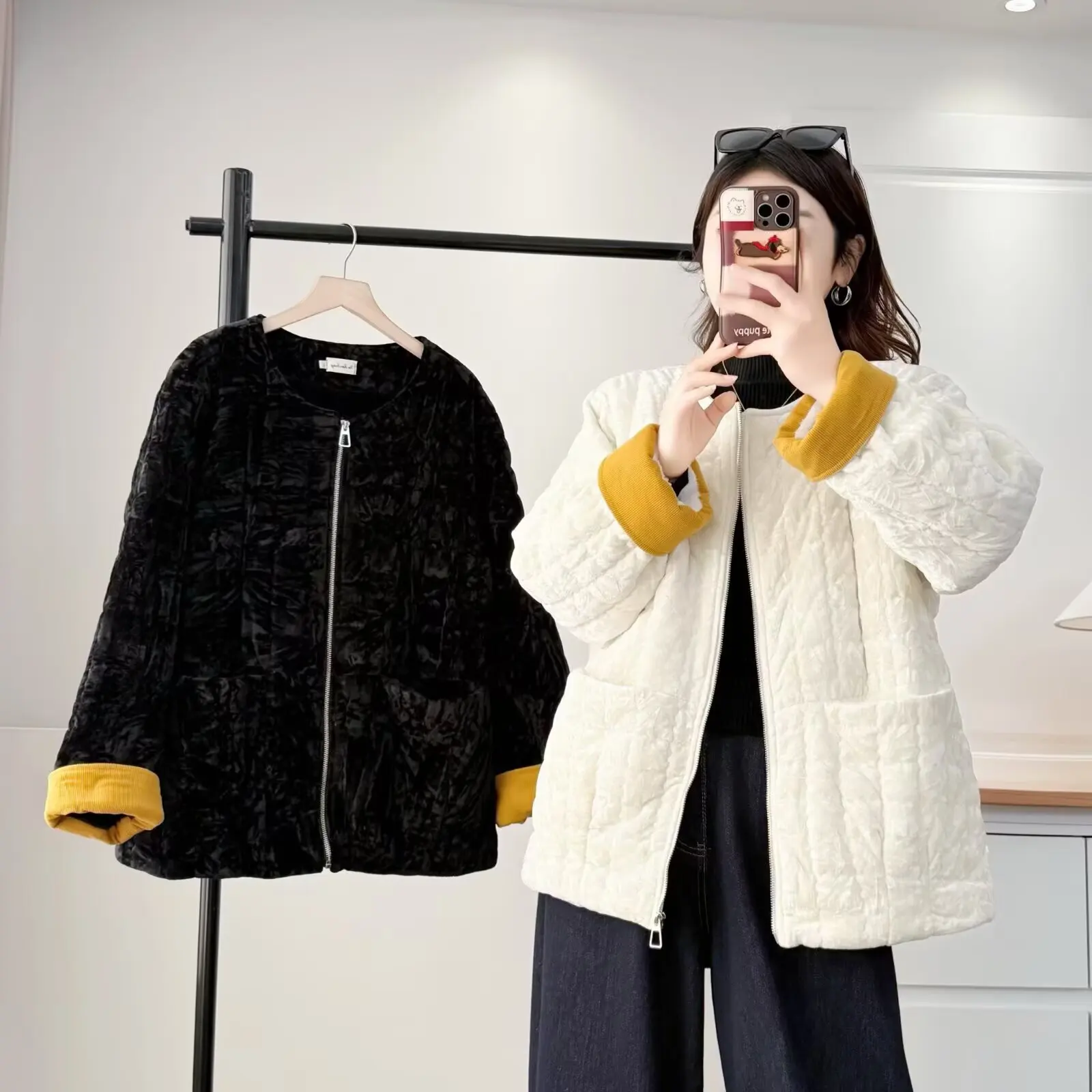 XXXXL موضة حجم كبير المرأة سترات الشتاء Pleuche اللون منعت الصوف الدافئة ياقة معطف عادية وسادة مبطنة 555 #3