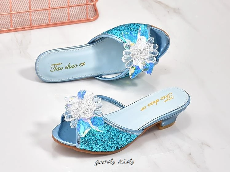 Girls Summer Frozen Sandals Slipper Sequined Princesse Children High Heel Party Dress Elsa Shoes Leather Slipper For Kids Slides