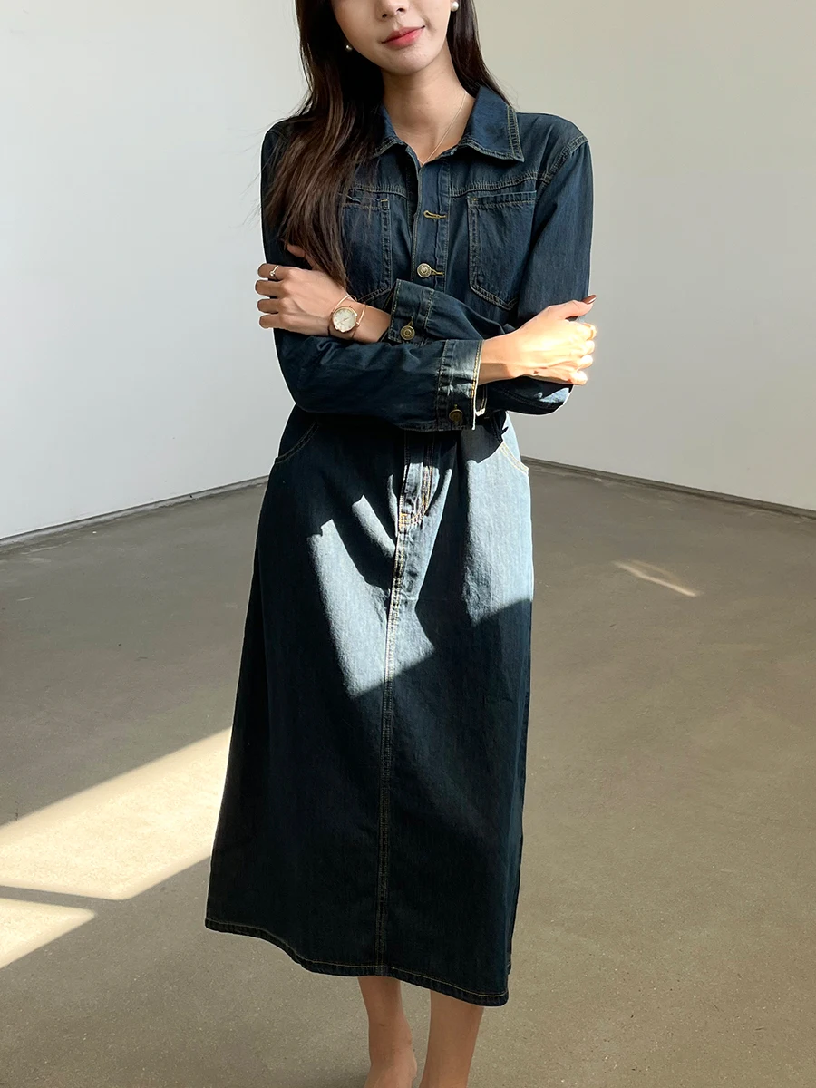 

JANE Sli Denim Retro Blue Long Sve irt Dr Women's Autumn Winter New Sle Design Sense Hong Kong Sle Dr