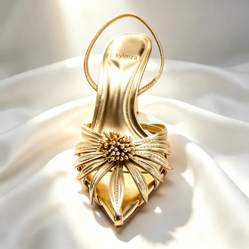 Luxury Gold Floral Detail Slingback Heels Women Unique Laminated Effect Design Pointed-Toe Heel Sandals Elegant Party Dress Shoe view 3