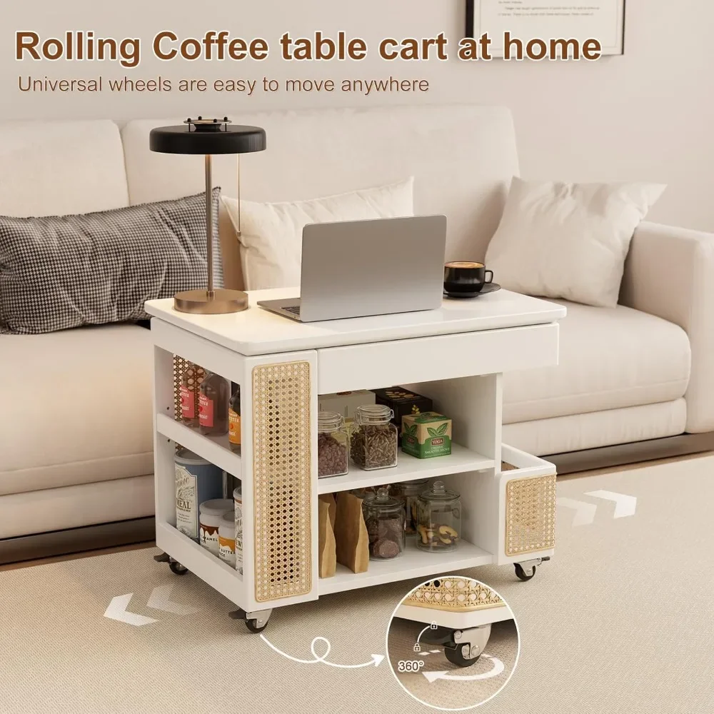 Wood Lift Top Coffee Table with Rolling Wheels & Hidden Storage – 360° Rotating Tabletop for Modern Living Rooms