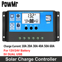 PowMr PWM 60A 50A 40A 30A 20A 10A Solar Charge Controller 12V/24V Battery Auto MPPT Regulator With Dual USB 5V&LCD Screen